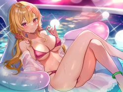 Rule 34 | 1girl, ass, bare shoulders, bikini, blonde hair, breasts, cleavage, feet out of frame, glint, hair ornament, hair scrunchie, halterneck, highres, inflatable chair, large breasts, crossed legs, long hair, looking at viewer, low twintails, multi-strapped bikini, navel, off shoulder, original, pink bikini, pink eyes, pool, reclining, satoupote, scrunchie, see-through, smile, solo, stomach, strap pull, string bikini, swimsuit, thighs, twintails, water, wet