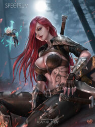 Rule 34 | 1girl, absurdres, bikini, bikini top only, black pants, blue eyes, breasts, fingerless gloves, gloves, highres, katarina (league of legends), large breasts, league of legends, long hair, looking at viewer, navel, paid reward available, pants, red hair, red lips, scar, scar across eye, sitting, stomach, swimsuit, tattoo, viego (league of legends), weapon, yam spectrum