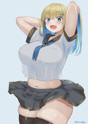 Rule 34 | 1girl, :d, arms up, aymusk, black sailor collar, black skirt, black thighhighs, blonde hair, blue background, blue eyes, blue hair, blue neckerchief, blue panties, blunt bangs, blush, breasts, collarbone, colored inner hair, curvy, fang, freckles, freckles-chan (aymusk), hair ornament, hands in own hair, highres, large breasts, long hair, looking at viewer, multicolored hair, navel, neckerchief, open mouth, original, panties, pleated skirt, rabbit hair ornament, sailor collar, school uniform, see-through, serafuku, shirt, short sleeves, simple background, skin fang, skindentation, skirt, smile, solo, thick thighs, thighhighs, thighs, two-tone hair, underwear, uniform, white shirt