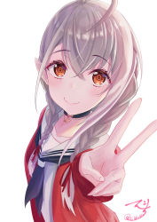 Rule 34 | 1girl, absurdres, ahoge, bikkusu, braid, cardigan, closed mouth, fang, fang out, female focus, highres, indie virtual youtuber, kusunoki shio, looking at viewer, low twin braids, outstretched arm, pointy ears, red cardigan, simple background, solo, twin braids, v, virtual youtuber, white background