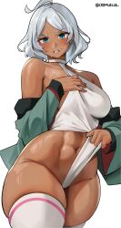 Rule 34 | 1girl, abs, absurdres, bare shoulders, blue eyes, blush, breasts, clenched teeth, cowboy shot, cromwellb, dark-skinned female, dark skin, green jacket, grey hair, gundam, gundam suisei no majo, hair tuft, halter leotard, halterneck, highres, jacket, large breasts, leotard, leotard pull, looking at viewer, muscular, muscular female, navel, off shoulder, parted bangs, pulling own clothes, secelia dote, short hair, skindentation, solo, sweat, sweatdrop, teeth, thick thighs, thighhighs, thighs, twitter username, white background, white leotard, white thighhighs