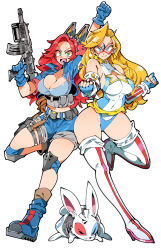 Rule 34 | 2girls, animal ears, black hops, blonde hair, blue eyes, blue footwear, blue gloves, boots, breasts, cleavage, clenched hand, crop top, crossover, fake animal ears, fingerless gloves, gloves, green eyes, gun, hair behind ear, holding, holding gun, holding weapon, kafun, kamen america, kamen america (comic), knee pads, large breasts, long hair, mask, mechanical ears, multiple girls, navel, penelope freling, red hair, smile, star cutout, submachine gun, superhero costume, thigh boots, thighhighs, u.s.a.-g.i., v-shaped eyebrows, weapon