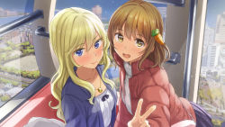 Rule 34 | 2girls, bad id, bad pixiv id, blonde hair, blue eyes, blue jacket, blue skirt, blush, bow, brown eyes, brown hair, brown jacket, building, carrot hair ornament, city, collar, collarbone, colored eyelashes, commentary request, cowboy shot, dress, elevator, ferris wheel interior, food-themed hair ornament, from above, hair between eyes, hair bow, hair ornament, highres, jacket, light smile, lips, long hair, looking at viewer, miniskirt, multiple girls, ocean, one side up, open mouth, original, outstretched arm, park, pink lips, road, shore, short hair, sidelocks, skirt, street, sweater, tree, turtleneck, turtleneck sweater, v, wavy hair, white dress, white sweater, yoropa
