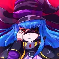 Rule 34 | 1girl, blue hair, cloak, expressionless, hat, long hair, looking at viewer, mask, ole tower, portrait, red eyes, solo, spanner (ole tower), witch hat
