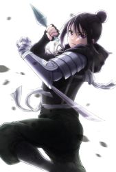 Rule 34 | 1girl, arm blade, armor, automail, bandaged hand, bandages, black footwear, black gloves, black hair, black pants, boots, falling leaves, fingerless gloves, from side, fullmetal alchemist, gloves, hair bun, hands up, highres, holding, holding weapon, hood, hood down, knee boots, kunai, lan fan, leaf, long sleeves, looking at viewer, mugi exe, pants, pants tucked in, purple eyes, sash, shoulder armor, sidelocks, signature, simple background, single hair bun, solo, standing, standing on one leg, weapon, white background, wind