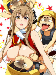 Rule 34 | 10s, 1girl, 3boys, amagi brilliant park, anal, antenna hair, blonde hair, blush, breast sucking, breasts, censored, double penetration, group sex, hair ribbon, hetero, highres, huge breasts, legs, long hair, looking at viewer, mosaic censoring, multiple boys, multiple penetration, nipples, no bra, no panties, open clothes, open mouth, penis, rape, ribbon, sento isuzu, sex, shoes, simple background, socks, thighs, tongue, tongue out, vaginal, yellow eyes, yuki (12cut)