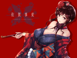 Rule 34 | 1girl, breasts, brown hair, cleavage, copyright name, highres, japanese clothes, kimono, large breasts, lips, off shoulder, puru (ex-150), red background, red eyes, smoking pipe, solo, wide sleeves, yuugiri (zombie land saga), zombie land saga