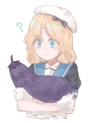 Rule 34 | 1girl, ?, az toride, black neckwear, blonde hair, blue eyes, blue sailor collar, commentary request, dress, eggplant, gloves, hat, janus (kancolle), kantai collection, parted bangs, pillow, sailor collar, sailor dress, sailor hat, short hair, short sleeves, simple background, solo, upper body, white background, white dress, white gloves, white hat