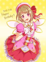 Rule 34 | 1girl, artist name, artist request, back bow, blush, bow, breasts, brown hair, dress, dress bow, female focus, gloves, grey hair, hair ornament, hairclip, hand on own hip, hat, hat bow, headphones, heart, heart print, highres, light brown hair, looking at viewer, love live!, love live! nijigasaki high school idol club, love live! school idol festival, love live! school idol festival all stars, miyako (sesame oil), nakasu kasumi, parted lips, pink bow, pink dress, pink shirt, puffy short sleeves, puffy sleeves, purple eyes, purple ribbon, purple skirt, red bow, red eyes, red skirt, red wrist cuffs, ribbon, shirt, short hair, short sleeves, skirt, small breasts, smile, solo, star (symbol), star print, striped ribbon, white gloves, white hat, white skirt, white wings, wing hair ornament, wings, wrist cuffs, x hair ornament