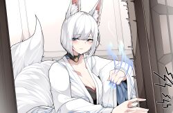 Rule 34 | 1girl, absurdres, animal ears, azur lane, black choker, blue eyes, blue fire, blush, breasts, choker, cleavage, clenched hand, commentary, dated commentary, fire, flaming hand, fox ears, fox girl, fox tail, hands up, highres, indoors, japanese clothes, kaga (azur lane), kimono, kitsune, large breasts, multiple tails, samip, short hair, shouji, sliding doors, solo, sound effects, speed lines, tail, white hair, wide sleeves