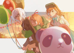 Rule 34 | 1boy, 2girls, accelerator (toaru majutsu no index), age difference, ahoge, albino, androgynous, animal hood, backpack, bag, balloon, banner, black choker, black jacket, black pants, blush, border, brown eyes, brown hair, bumper car, carrying, character hood, child, choker, closed mouth, collared shirt, cowboy shot, electrodes, ferris wheel, frilled shirt, frills, frog hood, gekota, glasses, goggles, goggles on head, grass, green hoodie, green ribbon, green skirt, green socks, head-mounted display, holding, holding bag, holding balloon, hood, hood down, hoodie, hug, hug from behind, jacket, last order (toaru majutsu no index), leaning on object, light frown, long sleeves, looking at another, looking at viewer, misaka imouto, misaka imouto 10046, multiple girls, neck ribbon, official alternate costume, open mouth, outdoors, pale skin, pants, piggyback, pole, red eyes, ribbon, sanpaku, shirt, short hair, siblings, sisters, skirt, smile, socks, standing, striped clothes, striped shirt, sunset, tautiki, toaru majutsu no index, toaru majutsu no index: imaginary fest, vertical-striped clothes, vertical-striped shirt, white border, white hair, wide shot