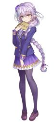 Rule 34 | 1girl, blazer, book, braid, commentary request, full body, green eyes, hair ornament, highres, holding, jacket, long hair, long sleeves, looking at viewer, pantyhose, pleated skirt, pointy ears, purple hair, school uniform, senri gan, shoes, simple background, single braid, skirt, smile, solo, standing, white background, yellow eyes