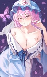 Rule 34 | 1girl, blue hat, blue kimono, breasts, bug, butterfly, cherry blossoms, cleavage, expressionless, falling petals, hat, highres, insect, japanese clothes, kimono, large breasts, mahoro (minase mahoro), petals, pink eyes, pink hair, purple background, saigyouji yuyuko, solo, touhou
