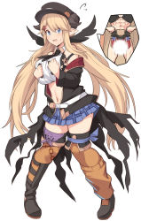 Rule 34 | 1girl, bare shoulders, belt, black footwear, black hat, black jacket, black wings, blonde hair, blue eyes, blue skirt, blush, boots, breasts, censored, commentary request, granblue fantasy, hair ornament, hairclip, hallessena, hat, horns, jacket, large breasts, long hair, looking at viewer, navel, open mouth, pointy ears, shiseki hirame, simple background, skirt, solo, white background, white belt, wings