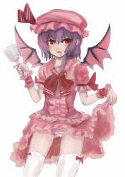 Rule 34 | 1girl, bad id, bad pixiv id, bat wings, clothes lift, cup, dress, dress lift, drinking glass, fangs, female focus, hat, panties, panzer (p.z), purple hair, red eyes, remilia scarlet, short hair, slit pupils, solo, striped clothes, striped panties, thighhighs, touhou, underwear, white thighhighs, wine glass, wings, wrist cuffs