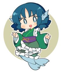 Rule 34 | 1girl, :d, blue eyes, blue hair, blush, brown background, chibi, dress, drill hair, drill sidelocks, fins, frilled dress, frilled kimono, frills, full body, green kimono, hands up, head fins, ini (inunabe00), japanese clothes, kimono, kneeless mermaid, long sleeves, looking at viewer, mermaid, monster girl, obi, open mouth, purple sash, sash, sidelocks, simple background, smile, solo, touhou, two-tone background, wakasagihime, white background, wide sleeves
