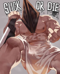 Rule 34 | 1boy, absurdres, bara, beckoning, bulge, come hither, english text, feet out of frame, foreshortening, from below, guoguo, helmet, highres, large pectorals, male focus, mature male, muscular, muscular male, nipples, pectorals, planted, pyramid head, silent hill (series), silent hill 2, solo, topless male, towel