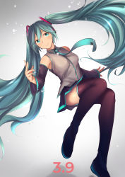 Rule 34 | 1girl, absurdres, aqua eyes, aqua hair, aqua necktie, black skirt, boots, detached sleeves, hatsune miku, highres, invisible chair, long hair, mr2d, necktie, panties, pantyshot, sitting, skirt, smile, solo, striped clothes, striped panties, thigh boots, thighhighs, thighs, twintails, underwear, vest, vocaloid, white background, zettai ryouiki