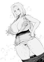 Rule 34 | 1girl, ahemaru, areola slip, armpits, breasts, clothes pull, clueless, covered erect nipples, facial mark, feet out of frame, female focus, forehead mark, groin, hand on own hip, henriiku (ahemaru), highres, huge breasts, large nipples, legs, long hair, monochrome, naruto, naruto (series), no panties, pants, pants pull, pussy, pussy juice, pussy juice drip, pussy juice trail, simple background, solo, standing, steaming body, thighs, tsunade (naruto), wet, white background, white hair