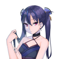 Rule 34 | 1girl, black choker, black dress, blue hair, breasts, choker, cleavage, collarbone, criss-cross halter, dress, ginopi, hair between eyes, hair ornament, halterneck, hand up, holding, holding hair, long hair, looking at viewer, multicolored hair, original, purple hair, red eyes, small breasts, solo, streaked hair, twintails, upper body