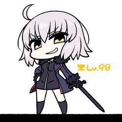 Rule 34 | &gt;:), 1girl, ahoge, black dress, black socks, blue jacket, chan co, chibi, commentary request, dress, fate/grand order, fate (series), fur trim, grin, hand on own hip, holding, holding sword, holding weapon, jacket, jeanne d&#039;arc (fate), jeanne d&#039;arc alter (fate), jeanne d&#039;arc alter (ver. shinjuku 1999) (fate), kneehighs, legs apart, long sleeves, looking at viewer, official alternate costume, simple background, smile, smug, socks, solo, standing, sword, v-shaped eyebrows, weapon, white background, yellow eyes