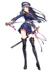 Rule 34 | 1girl, artist request, black hair, black thighhighs, blue skirt, boots, character request, dairoku ryouhei, epaulettes, full body, green eyes, hat, holding, holding sheath, holding sword, holding weapon, long hair, long sleeves, looking at viewer, military, military hat, military uniform, pleated skirt, sheath, skirt, smile, solo, standing, sword, thigh boots, thighhighs, transparent background, uniform, weapon