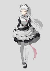 Rule 34 | 1girl, absurdres, apron, arknights, black dress, black footwear, black gloves, blunt bangs, canaaa, closed mouth, collared dress, dress, earrings, expressionless, feather hair, full body, gloves, grey background, grey eyes, grey hair, highres, irene (arknights), irene (voyage of feathers) (arknights), jewelry, juliet sleeves, long hair, long sleeves, looking at viewer, maid apron, maid headdress, mary janes, necklace, official alternate costume, pantyhose, ponytail, puffy sleeves, scar, scar across eye, shoes, simple background, skirt hold, sleeve cuffs, socks, solo, white apron, white pantyhose, white socks