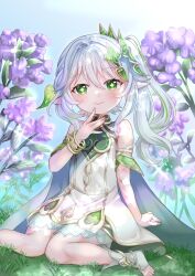 Rule 34 | 1girl, bloomers, blush, bracelet, cape, chjk000, clenched hand, closed mouth, commentary request, dappled sunlight, dress, eyelashes, flower, full body, genshin impact, grass, green eyes, green hair, hair between eyes, hair ornament, hand on own face, highres, jewelry, leaf hair ornament, long hair, looking at viewer, multicolored hair, nahida (genshin impact), nature, on grass, on ground, pointy ears, sitting, sleeveless, sleeveless dress, smile, solo, stirrup legwear, sunlight, symbol-shaped pupils, toeless legwear, toes, two-tone hair, underwear, white bloomers, white cape, white dress, white hair