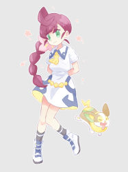 Rule 34 | 1girl, akasaka (qv92612), arms behind back, ascot, boots, braid, braided ponytail, chloe (pokemon), closed mouth, collared dress, commentary request, creatures (company), dress, eyelashes, game freak, gen 8 pokemon, green eyes, grey background, highres, knees together feet apart, long hair, nintendo, pokemon, pokemon (anime), pokemon (creature), pokemon journeys, school uniform, short sleeves, smile, socks, white dress, white footwear, yamper, yellow ascot