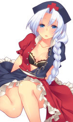 Rule 34 | 1girl, blue eyes, bow, bow bra, bra, braid, female focus, frills, hair over shoulder, hat, kyasurei, lace, lace-trimmed bra, lace trim, lingerie, long hair, lowres, open clothes, open shirt, shirt, simple background, single braid, solo, takahina, touhou, unbuttoned, underwear, white background, yagokoro eirin