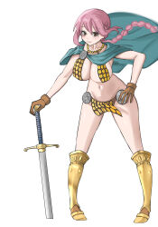 Rule 34 | 1girl, absurdres, areola slip, armor, artist request, bikini armor, braid, breasts, brown gloves, cleavage, curvy, floating cape, floating hair, gladiator, gloves, hand on own hip, highres, holding, holding sword, holding weapon, large breasts, long hair, looking at viewer, navel, one piece, pink hair, ponytail, rebecca (one piece), revealing clothes, single braid, smile, solo, sword, taut clothes, weapon, white background, wide hips