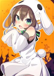 Rule 34 | 1girl, :d, absurdres, animal ears, animal hood, bare tree, blush, brown hair, commentary request, detached sleeves, dress, eyebrows hidden by hair, fake animal ears, fangs, green eyes, hair between eyes, highres, hololive, hood, hood up, long sleeves, looking at viewer, natsuiro matsuri, okota mikan, open mouth, orange background, rabbit ears, rabbit hood, rabbit tail, sleeveless, sleeveless dress, sleeves past fingers, sleeves past wrists, smile, solo, star (symbol), tail, tree, virtual youtuber, white dress, white sleeves