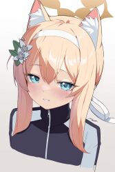 Rule 34 | 1girl, absurdres, akinoji (akiponpon27), animal ear fluff, animal ears, black jacket, blue archive, blue eyes, blush, cat ears, flower, hair between eyes, hair flower, hair ornament, halo, headband, highres, jacket, long hair, looking at viewer, mari (blue archive), mari (track) (blue archive), official alternate costume, open mouth, orange hair, signature, smile, solo, track jacket, upper body, white flower, white headband, yellow halo