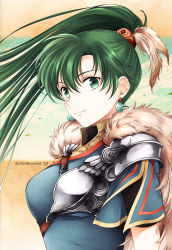 Rule 34 | 1girl, armor, breasts, cape, earrings, feather hair ornament, feathers, fire emblem, fur cape, green eyes, green hair, hair between eyes, feather hair ornament, highres, jewelry, long hair, looking at viewer, lyn (fire emblem), medium breasts, nintendo, ponytail, shirokuroma 29, solo, twitter username, upper body, wind, wind lift