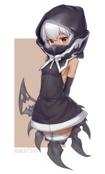 Rule 34 | 1girl, absurdres, aomoro, black dress, black rock shooter, breasts, brown background, commentary request, covered mouth, dark-skinned female, dark skin, dated, dress, grey hair, hair between eyes, highres, hood, hood up, looking at viewer, red eyes, sleeveless, sleeveless dress, small breasts, solo, strength (black rock shooter), thighhighs, two-tone background, white background