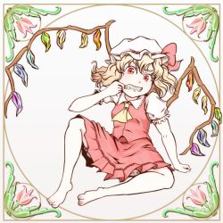 Rule 34 | 1girl, arm support, art nouveau, barefoot, blouse, collared shirt, embodiment of scarlet devil, female focus, flandre scarlet, flower, full body, hair between eyes, hat, mob cap, mor11, plant, shirt, sitting, solo, teeth, touhou, tulip, white background, white hat, white shirt, wings