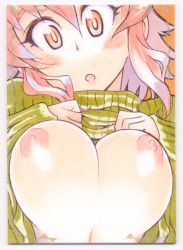 Rule 34 | 1girl, blush, breasts, clothes lift, framed, kusanagi tonbo, large breasts, looking at viewer, nipples, open mouth, original, red eyes, red hair, ribbed sweater, shirt lift, short hair, solo, sweater, sweater lift, traditional media