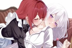 2girls apron bagel_sandica closed_eyes dress height_difference hickey highres kiss kissing_neck long_hair low-tied_long_hair maid maid_apron multiple_girls open_mouth petite purple_eyes red_hair shoujo_no_nozomanu_eiyuutan twintails white_dress white_hair yuri