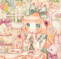 Rule 34 | 1girl, animal ears, apron, aqua eyes, blue flower, blue pansy, blunt bangs, blush, bow, bright pupils, cake, cake slice, candy, closed mouth, collared shirt, cup, day, drink, flower, food, frilled apron, frills, green apron, green bow, hair bow, hair flower, hair ornament, hands on own chin, happy, heart, indoors, long hair, long sleeves, looking at viewer, on chair, orange hair, original, own hands together, pansy, pastel colors, pink bow, pink flower, pink tulip, plant, plate, puffy long sleeves, puffy sleeves, purple bow, purple flower, purple pansy, purple ribbon, rabbit ears, ribbon, sakano machi, sandwich, saucer, shirt, sitting, smile, solo, stuffed animal, stuffed rabbit, stuffed toy, table, tablecloth, tea, tea party, teacup, tiered tray, traditional media, tulip, wavy hair, white flower, white shirt, window, yellow flower