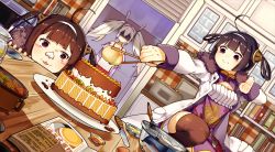 Rule 34 | 3girls, :3, ahoge, animal ears, azur lane, bare shoulders, black hair, blush, book, breasts, brown hair, brown legwear, cake, camisole, china dress, chinese clothes, chopsticks, cleavage, closed mouth, dress, fingernails, food, forte, fur-trimmed jacket, fur trim, hair ornament, hair rings, hairband, hairpods, holding, holding chopsticks, indoors, jacket, knife, laffey (azur lane), long hair, long sleeves, medium breasts, multiple girls, ning hai (azur lane), off shoulder, open book, open clothes, open jacket, pelvic curtain, ping hai (azur lane), pink jacket, pleated skirt, puffy long sleeves, puffy sleeves, purple dress, purple eyes, rabbit ears, red eyes, red hairband, red skirt, shaded face, silver hair, skirt, standing, standing on one leg, thighhighs, twintails, v-shaped eyebrows, wavy mouth, whisk, white camisole, white hairband, white jacket
