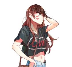 Rule 34 | 1girl, bag, black shirt, brown eyes, brown hair, character name, clothes writing, collarbone, crop top, d.va (overwatch), denim, denim shorts, eyebrows, facepaint, facial mark, hand on own head, hand on own hip, hand up, ieru1826, long hair, navel, overwatch, overwatch 1, shirt, short sleeves, shorts, shoulder bag, simple background, solo, upper body, whisker markings, white background