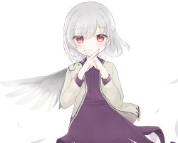 Rule 34 | 1girl, blush, closed mouth, collared dress, crossed fingers, dress, eyelashes, eyes visible through hair, feathers, fingernails, gem, grey hair, grey jacket, hair between eyes, hands up, highres, jacket, jewelry, kishin sagume, long fingernails, long sleeves, looking at viewer, nail polish, open clothes, open jacket, pink nails, purple dress, red eyes, short hair, simple background, single wing, smile, solo, standing, touhou, umi (nana spring), white background, wings, x fingers