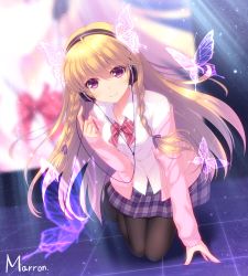 Rule 34 | 1girl, ahoge, artist name, black pantyhose, blonde hair, bow, bowtie, braid, brown footwear, butterfly hair ornament, cable, closed mouth, collared shirt, eyebrows, full body, hair ornament, headphones, jacket, kneeling, loafers, long hair, long sleeves, looking at viewer, maron (1212ama), open clothes, open jacket, original, pantyhose, pink jacket, plaid, plaid skirt, pleated skirt, purple eyes, purple skirt, red bow, red bowtie, screen, shirt, shoes, skirt, sleeves past wrists, smile, solo, striped bow, striped bowtie, striped clothes, striped neckwear, tile floor, tiles, twin braids, very long hair, white shirt, wing collar