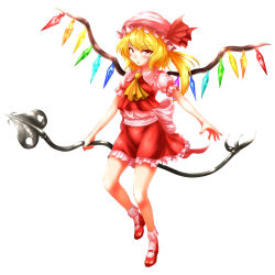 Rule 34 | 1girl, ascot, bad id, bad pixiv id, blonde hair, flandre scarlet, full body, hat, hat ribbon, highres, laevatein, looking at viewer, mary janes, mob cap, namakara exe, puffy sleeves, red eyes, red skirt, ribbon, sash, shirt, shoes, short sleeves, simple background, skirt, skirt set, solo, touhou, vest, white background, wings