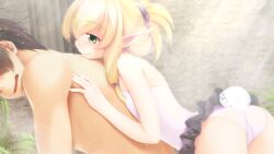 Rule 34 | 1boy, 1girl, ^ ^, ass, atelier-moo, bare shoulders, bathroom, blonde hair, blush, closed eyes, elf, faceless, faceless male, flat chest, green eyes, hair between eyes, hair ornament, hairclip, highres, hug, hug from behind, long pointy ears, low-tied sidelocks, miniskirt, narrow waist, open mouth, our battle has just begun!, pointy ears, ponytail, profile, shared bathing, skirt, smile, swimsuit, synsya, thighs, wavy mouth, wet