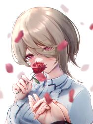 Rule 34 | 1girl, absurdres, falling petals, flower, flower over mouth, hair between eyes, hair over one eye, highres, holding, holding flower, holding hands, honkai (series), honkai impact 3rd, nyeppu, parted bangs, petals, pov, pov hands, red flower, red rose, rita rossweisse, rose, short hair, sidelocks, simple background, smile, solo, twitter username, upper body, white background