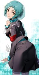 Rule 34 | 1girl, aqua hair, ass, ass focus, back, brown eyes, commentary request, from behind, gekkoukan high school uniform, highres, long sleeves, looking at viewer, looking back, nakano maru, pantyhose, persona, persona 3, persona 3 reload, school uniform, short hair, simple background, skirt, smile, solo, white background, yamagishi fuuka