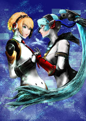 Rule 34 | 2girls, aegis (persona), android, atlus, blonde hair, blue hair, highres, labrys (persona), long hair, megami tensei, multiple girls, persona, persona 3, persona 4, persona 4: the ultimate in mayonaka arena, ponytail, red eyes, shin megami tensei, short hair, smile, yuu (primenumber7)