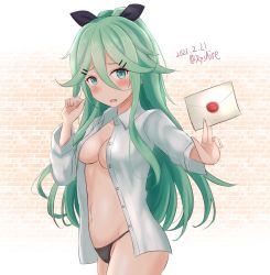 1girl, ame-san, bangs, black panties, black ribbon, blue ribbon, breasts, cleavage, commentary request, cowboy shot, dated, dress shirt, envelope, green eyes, green hair, hair between eyes, hair ornament, hair ribbon, hairclip, highres, holding, holding envelope, kantai collection, long hair, medium breasts, no bra, panties, parted bangs, ponytail, ribbon, shirt, sidelocks, solo, twitter username, underwear, wax seal, yamakaze (kancolle)