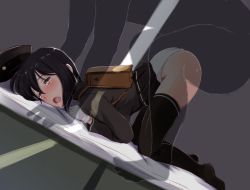 Rule 34 | 10s, 1girl, akitsu maru (kancolle), ass, backpack, bag, black hair, black thighhighs, blush, clothed sex, doggystyle, gloves, hat, kantai collection, long hair, military, military uniform, open mouth, panties, purple eyes, sex, sex from behind, skirt, solo focus, tears, thighhighs, top-down bottom-up, underwear, uniform, upskirt, wa (genryusui), white gloves, white panties